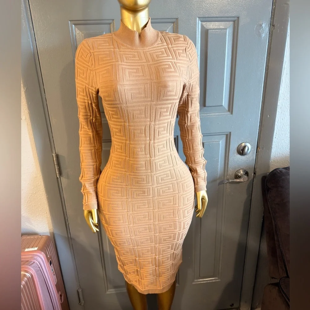 Tan Textured Sweater Midi Dress - Picture 2 of 6